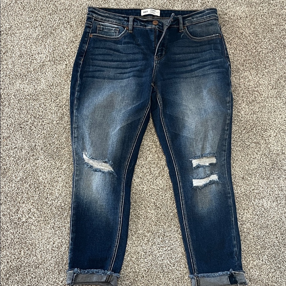 BKE Dark Blue Distressed Cropped Jeans
